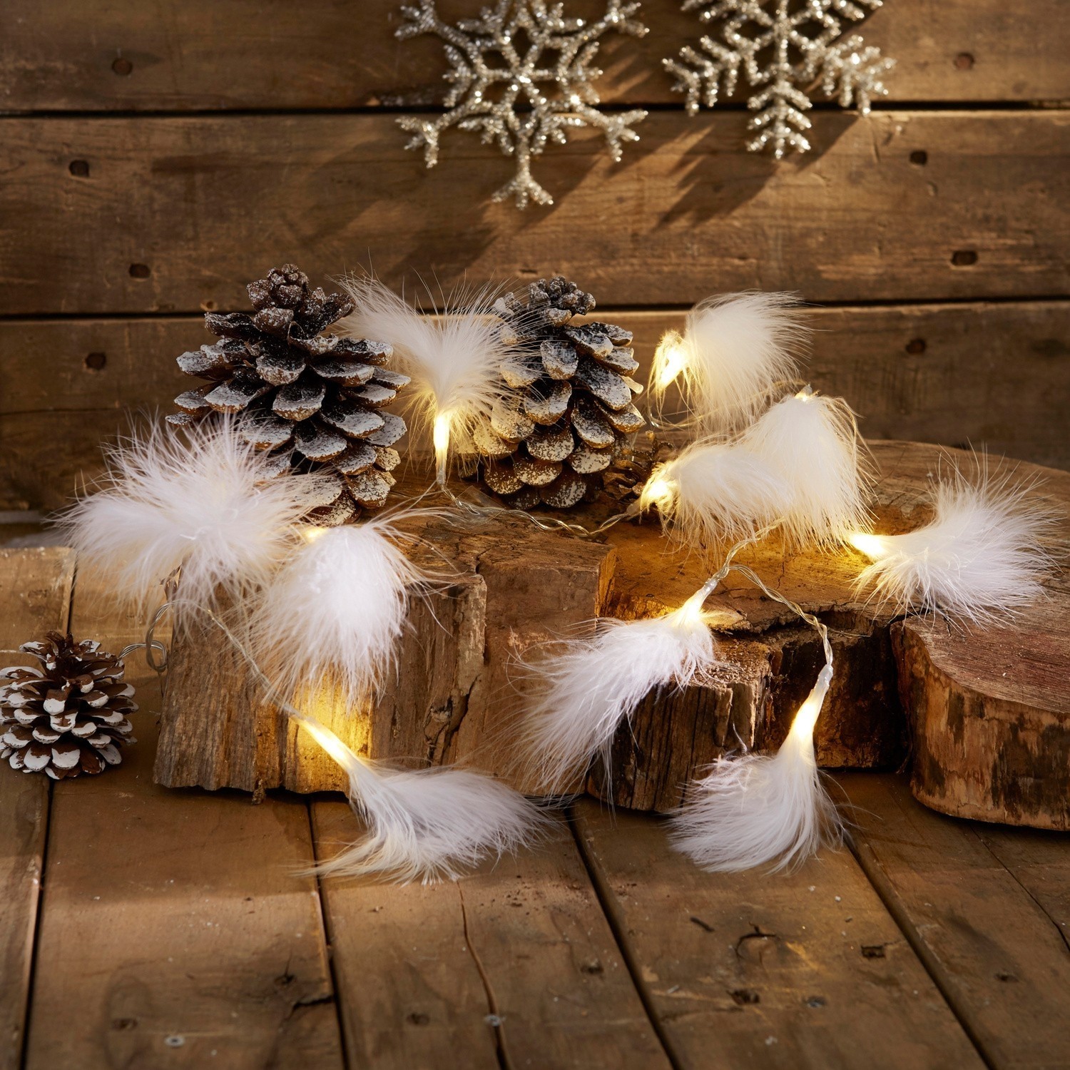 Lichtsnoer set van 2 Forres Lichtsnoer met witte veren op houten achtergrond met dennenappels en winterdecoratie