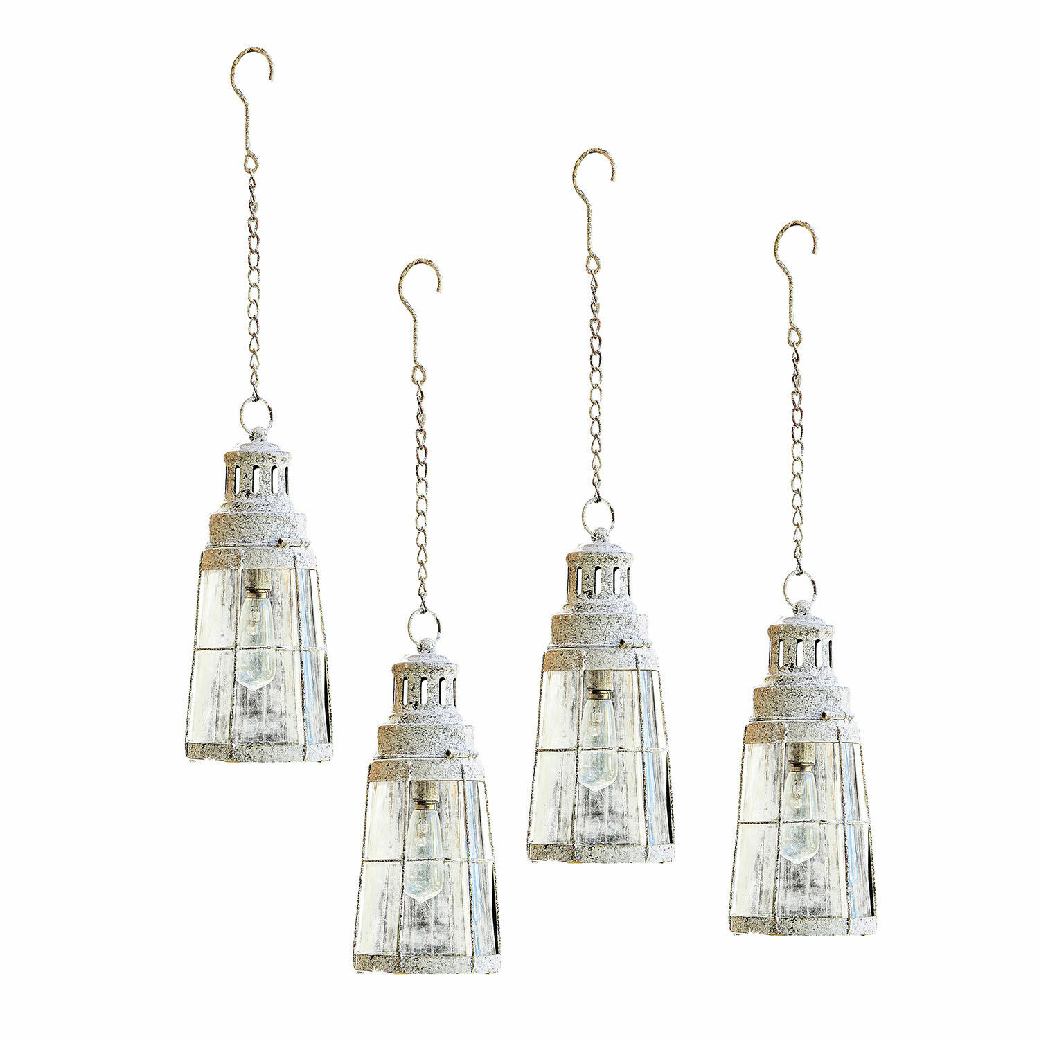Set van 4 antiekwitte LED-lantaarns van metaal en glas voor sfeervolle tuin- en binnenverlichting