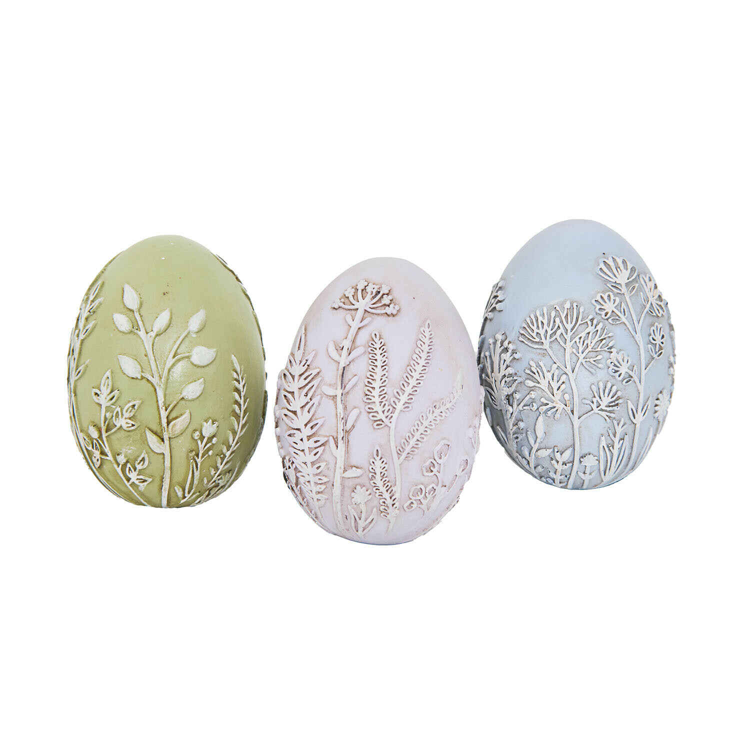 Set van drie decoratieve keramische eieren in pastelkleuren met reliëf bloemenpatroon