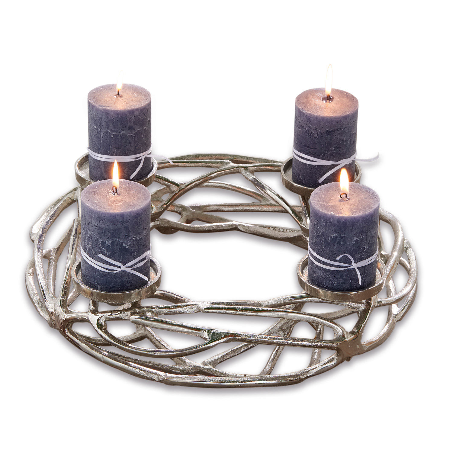 Zilveren metalen Coldfield kandelaar met vier paarse kaarsen, tafeldecoratie