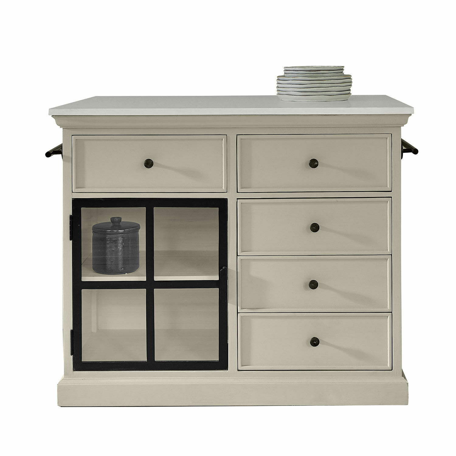 Keukenblok Orlévine Beige houten dressoir met lades en glazen deur voor opbergruimte in de woonkamer