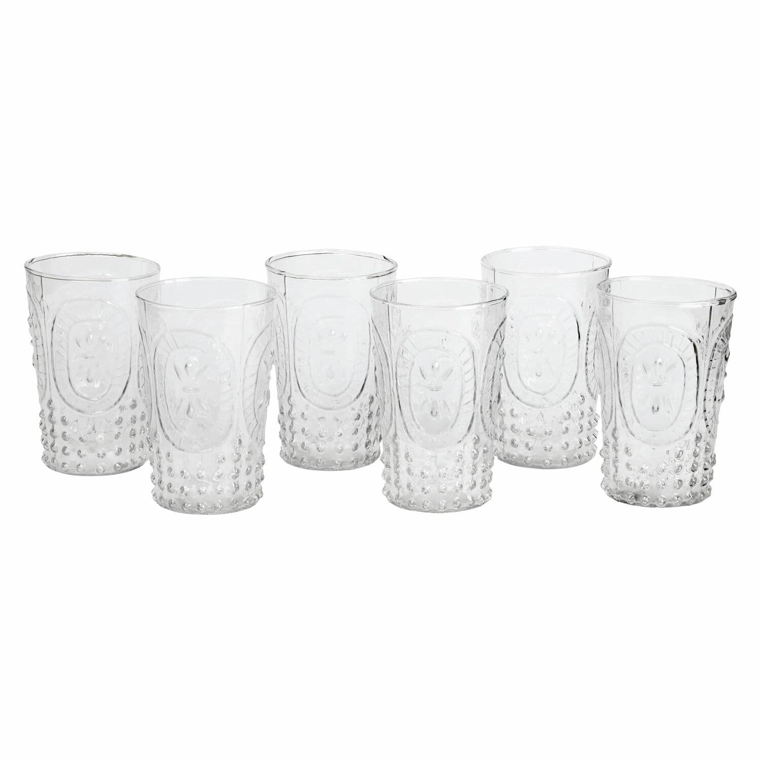 Glas set van 6 Fleury Set van zes transparante glazen van glas met decoratief reliëf en verhoogde stippen