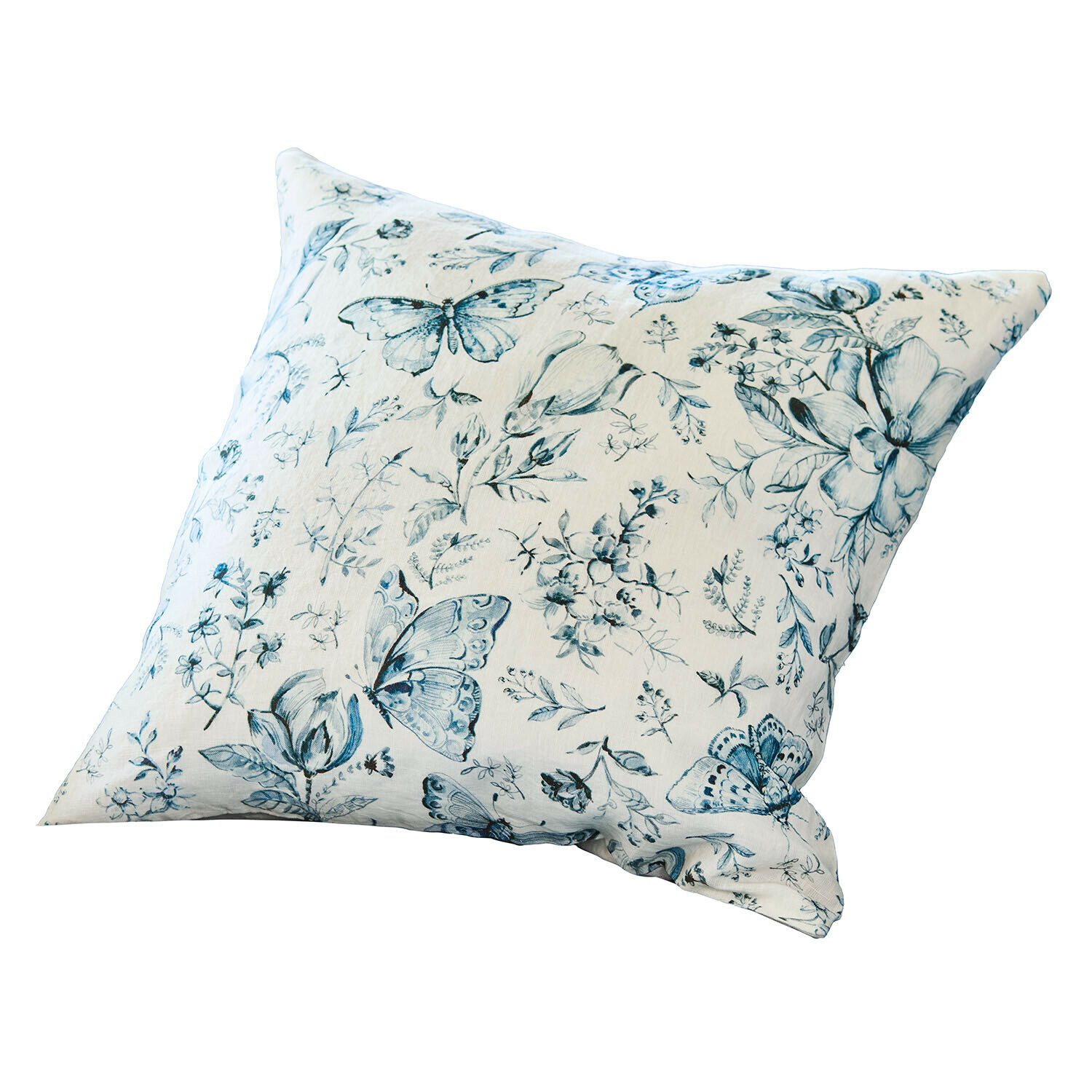 Decoratief katoenen kussen in crème met blauw vlinder- en bloemenpatroon voor woonruimte