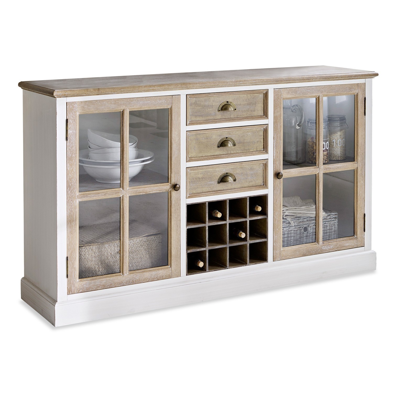 Lage kast Magoffin Dressoir van hout en glas in wit en naturel met lades en wijnrek