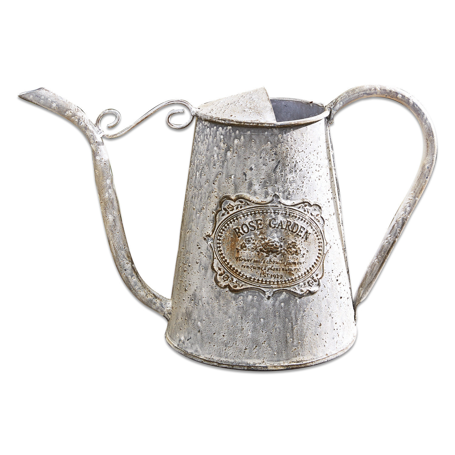 Gieter Rose Garden Vintage metalen gieter in zilver met Rose Garden opschrift voor tuinieren