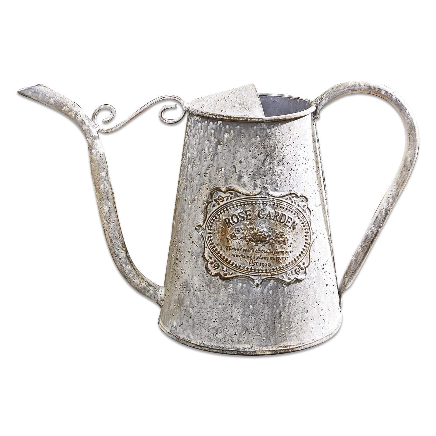 Gieter Rose Garden Vintage metalen gieter in zilver met Rose Garden opschrift voor tuinieren