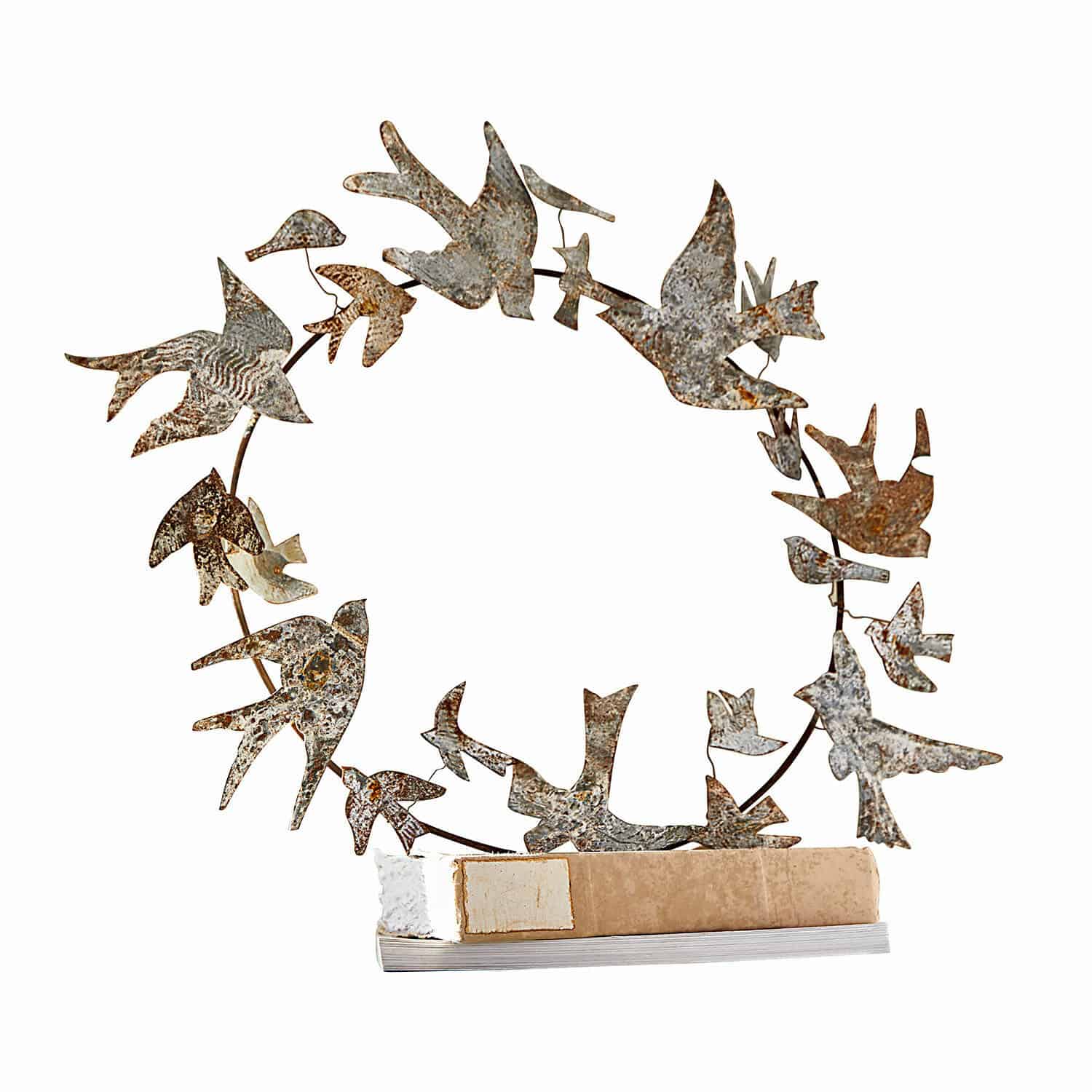 Krans Lucin Metalen decoratie met vogels op ring en beige houten voet voor binnenhuisdecoratie