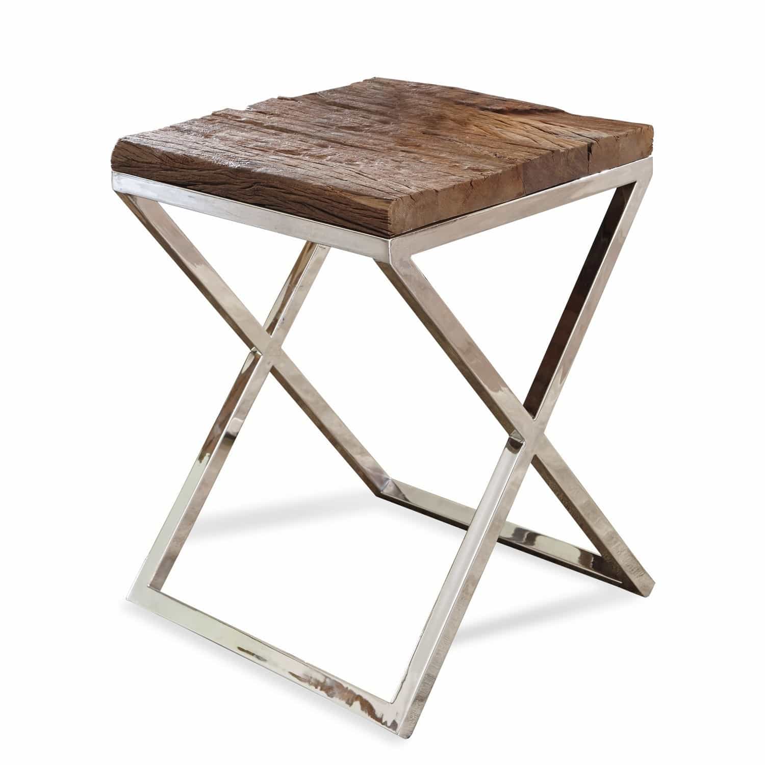 Bijzettafel Willis Bijzettafel met houten blad en zilverkleurig metalen frame, modern meubel voor woonkamer