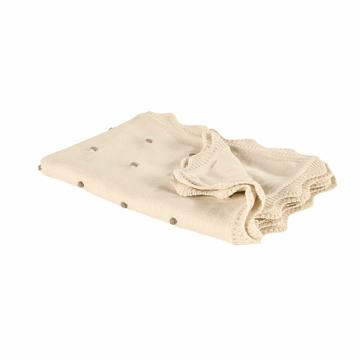 Plaid Saphie Beige gebreid deken met lichte bruine stippen en golvende rand, zacht materiaal.