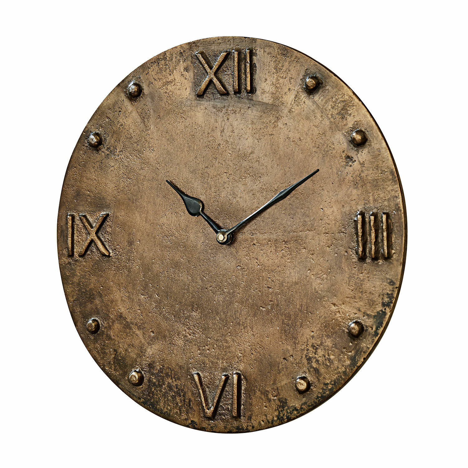 Klok Kaleens Ronde vintage wandklok van messing met Romeinse cijfers en zwarte wijzers