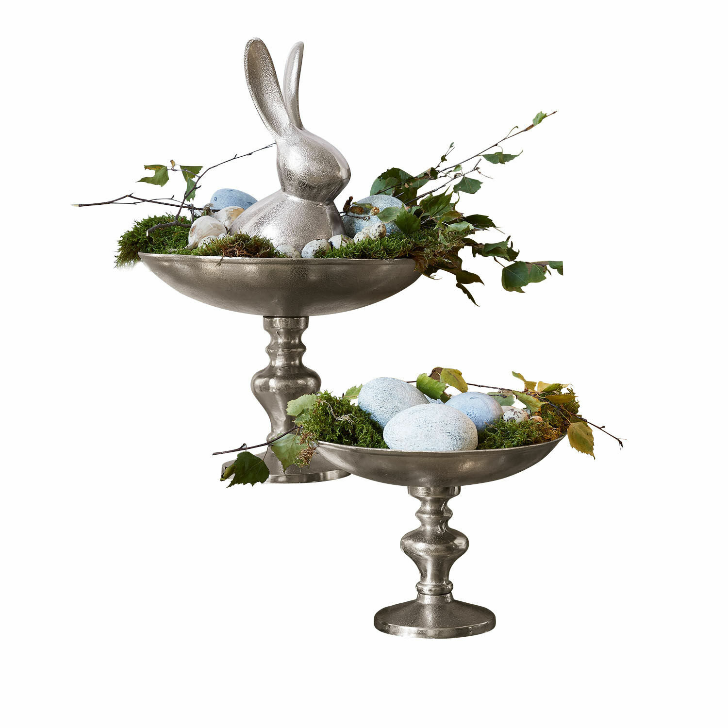Schaal set van 2 Helfa Decoratieve zilveren schalen op voet met paashaas, blauwe eieren en groen mos