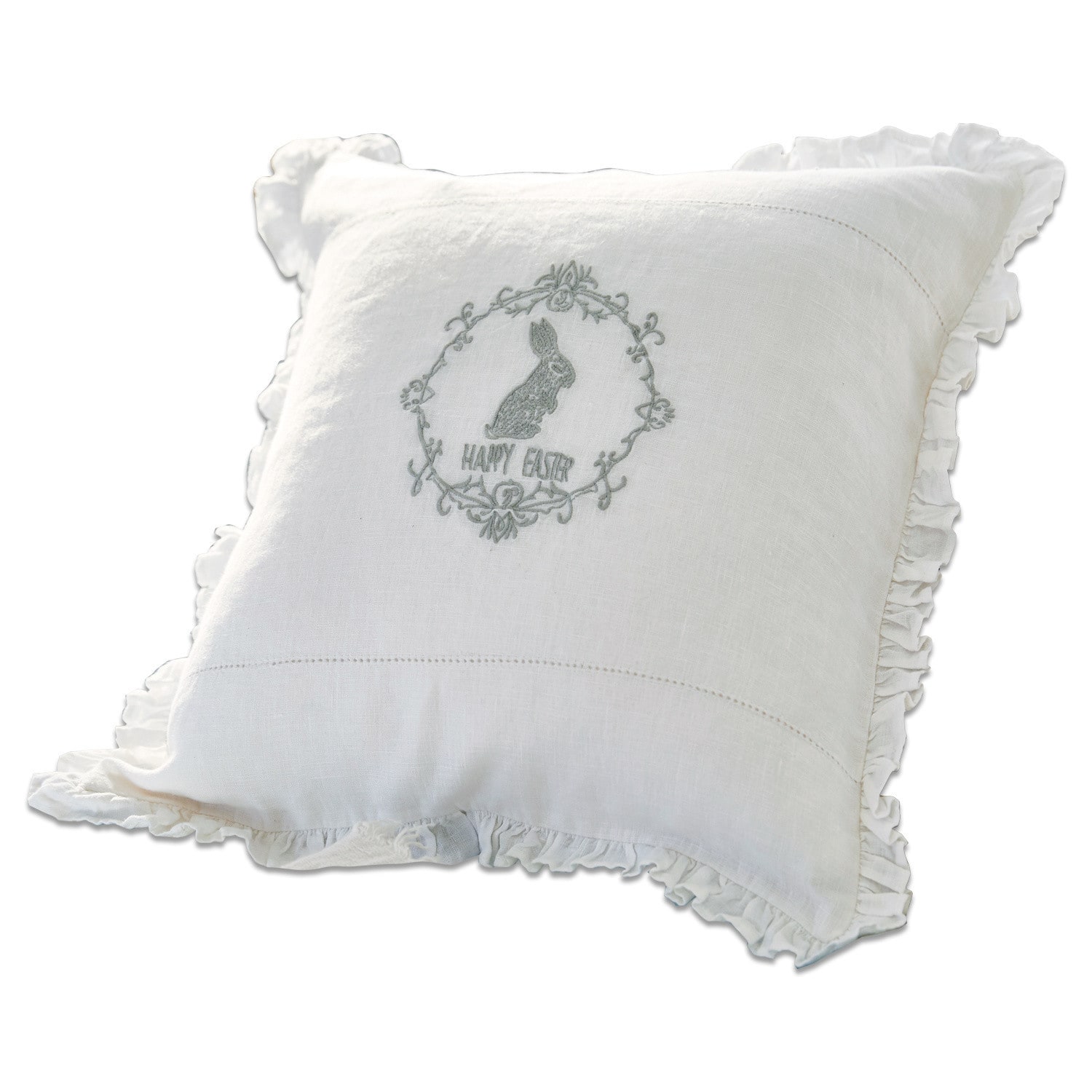 Witte linnen kussen met ruches en konijnenborduursel Happy Easter, paasdecoratie