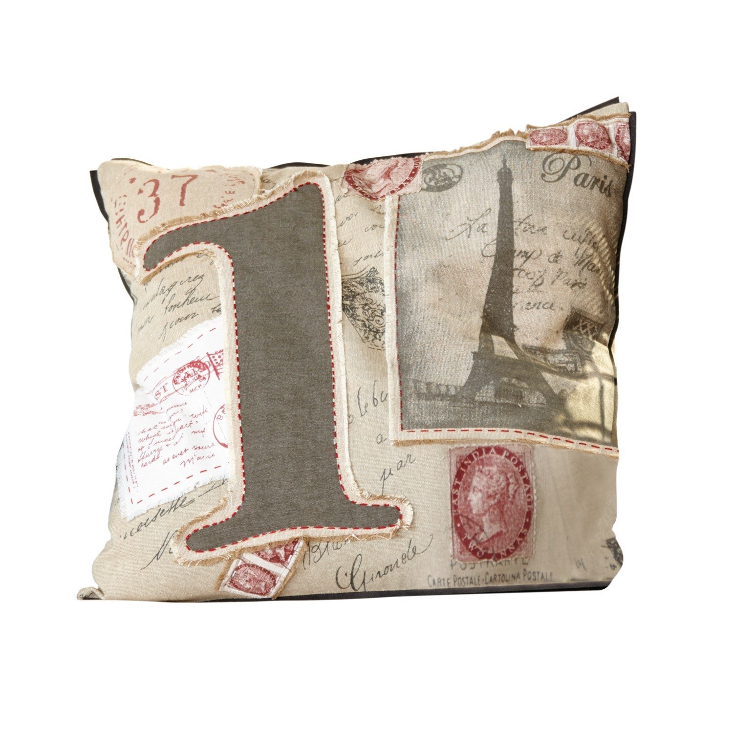 Beige katoenen sierkussen met Parijs-motief en grote grijze cijfer 1, vintage stijl