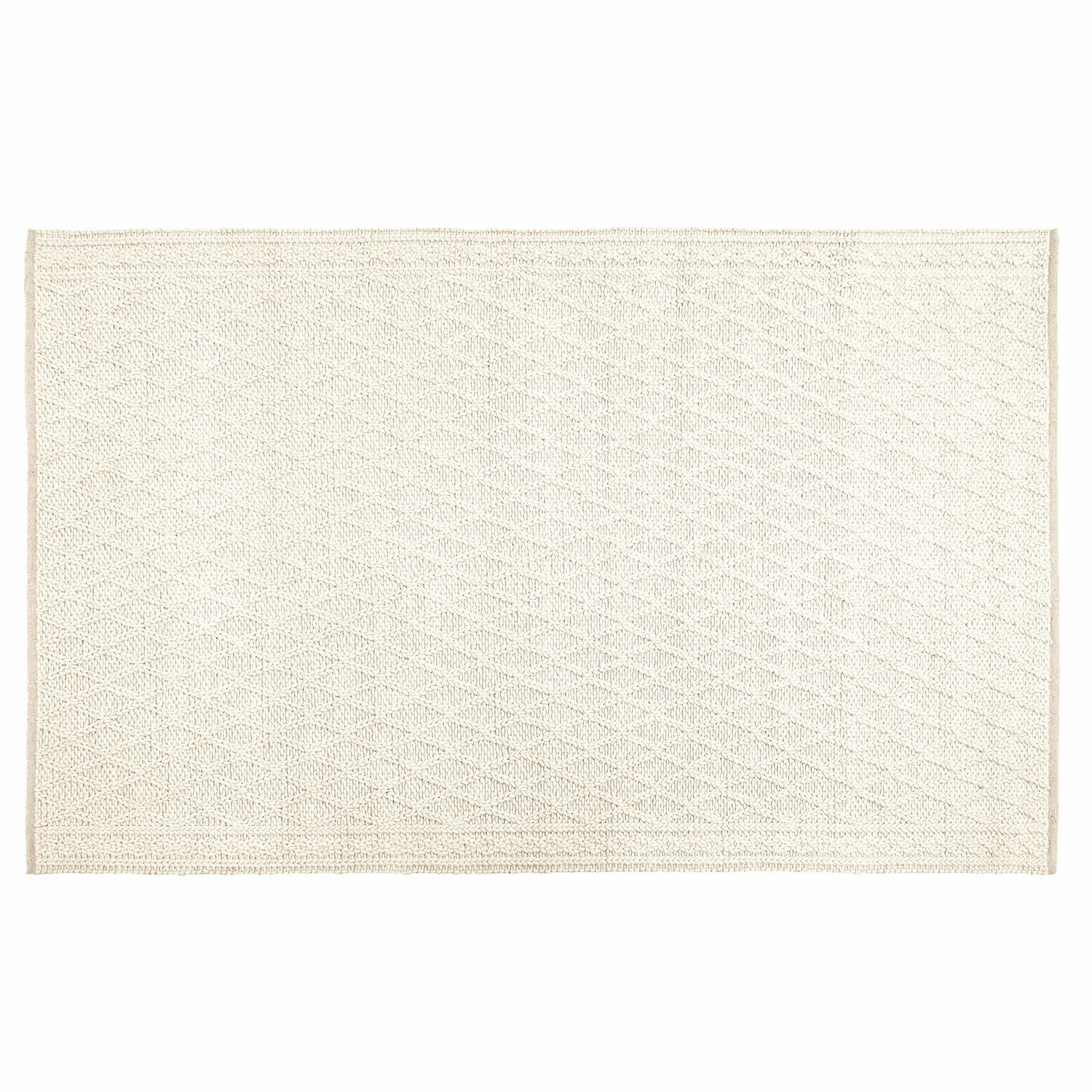 Crèmekleurig Poloma vloerkleed van zacht materiaal met subtiel geometrisch patroon, perfect voor de woonkamer