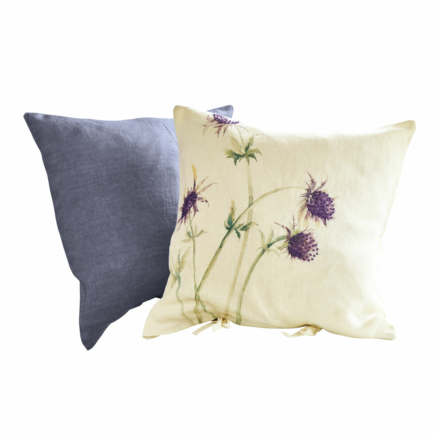 Kussenhoes set van 2 Épine Set van twee linnen sierkussens, één crème met paarse bloemenprint, de ander effen grijs voor interieur