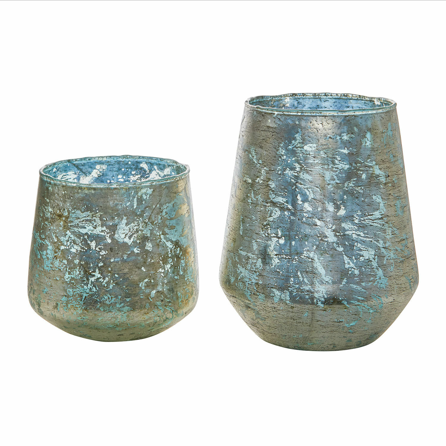 Windlicht set van 2 Gare Set van twee decoratieve metalen vazen in blauwgrijze kleur voor interieurdecoratie