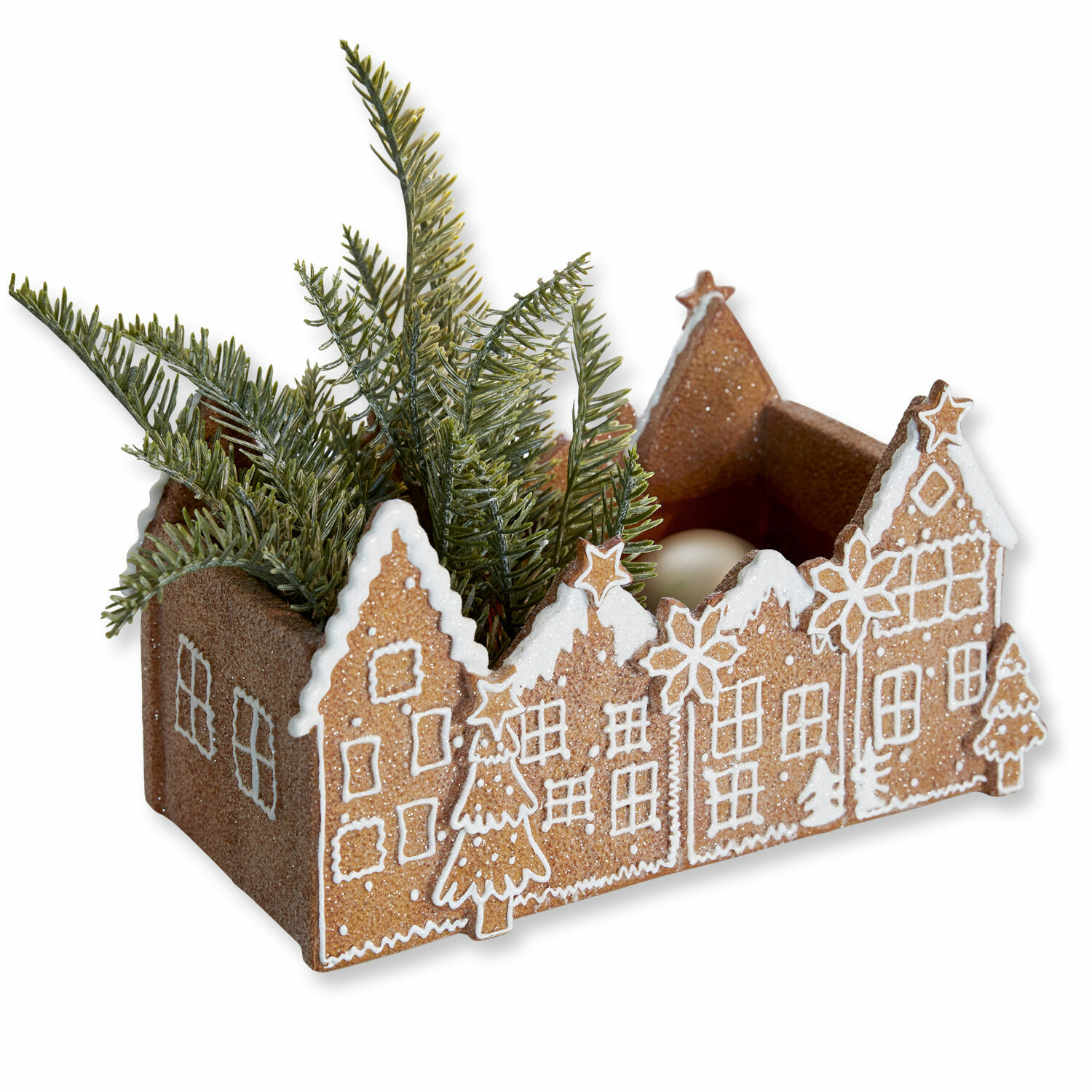 Schaal Anyama Decoratieve houder in de vorm van een peperkoekhuisje met groene takken voor kerst