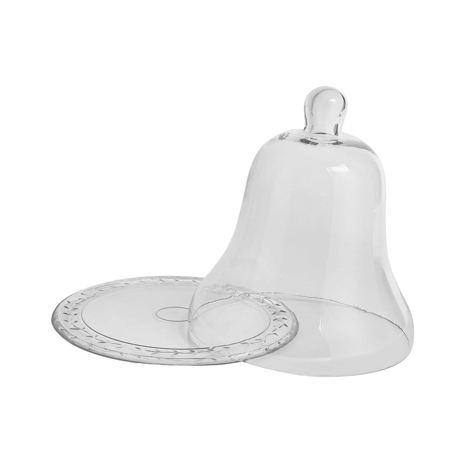 Transparante glazen stolp in belvorm met decoratief bord voor het serveren van gebak