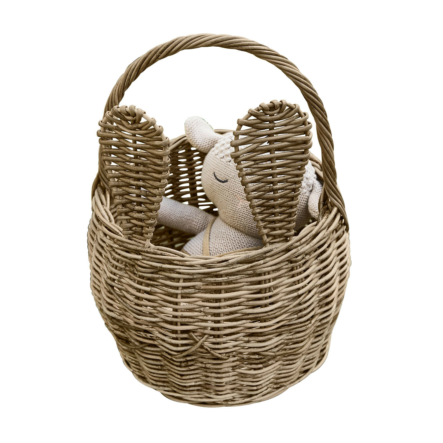 Natuurlijke rieten mand in konijnenvorm met oren en zachte knuffel binnenin, beige kleur