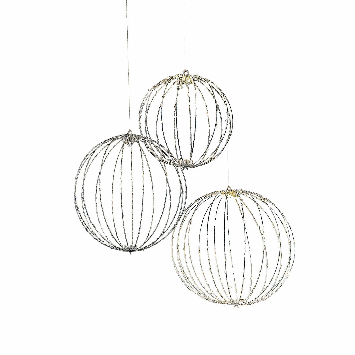 Set van 3 zilverkleurige LED-bollen met metalen frame, sfeerverlichting voor binnen en buiten