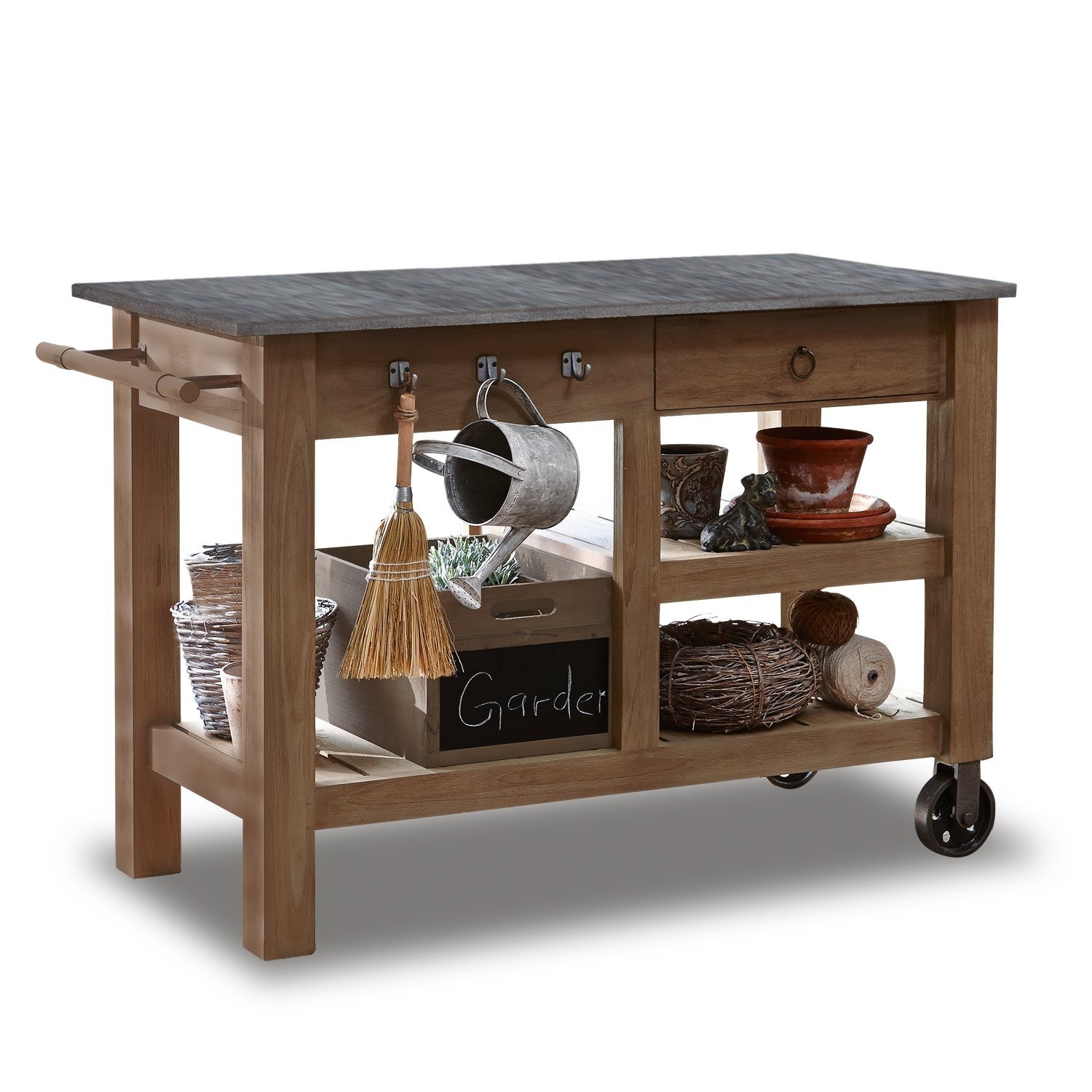 Plantentafel Ellenton Houten tuintafel met metalen blad, planken en haken voor tuingereedschap