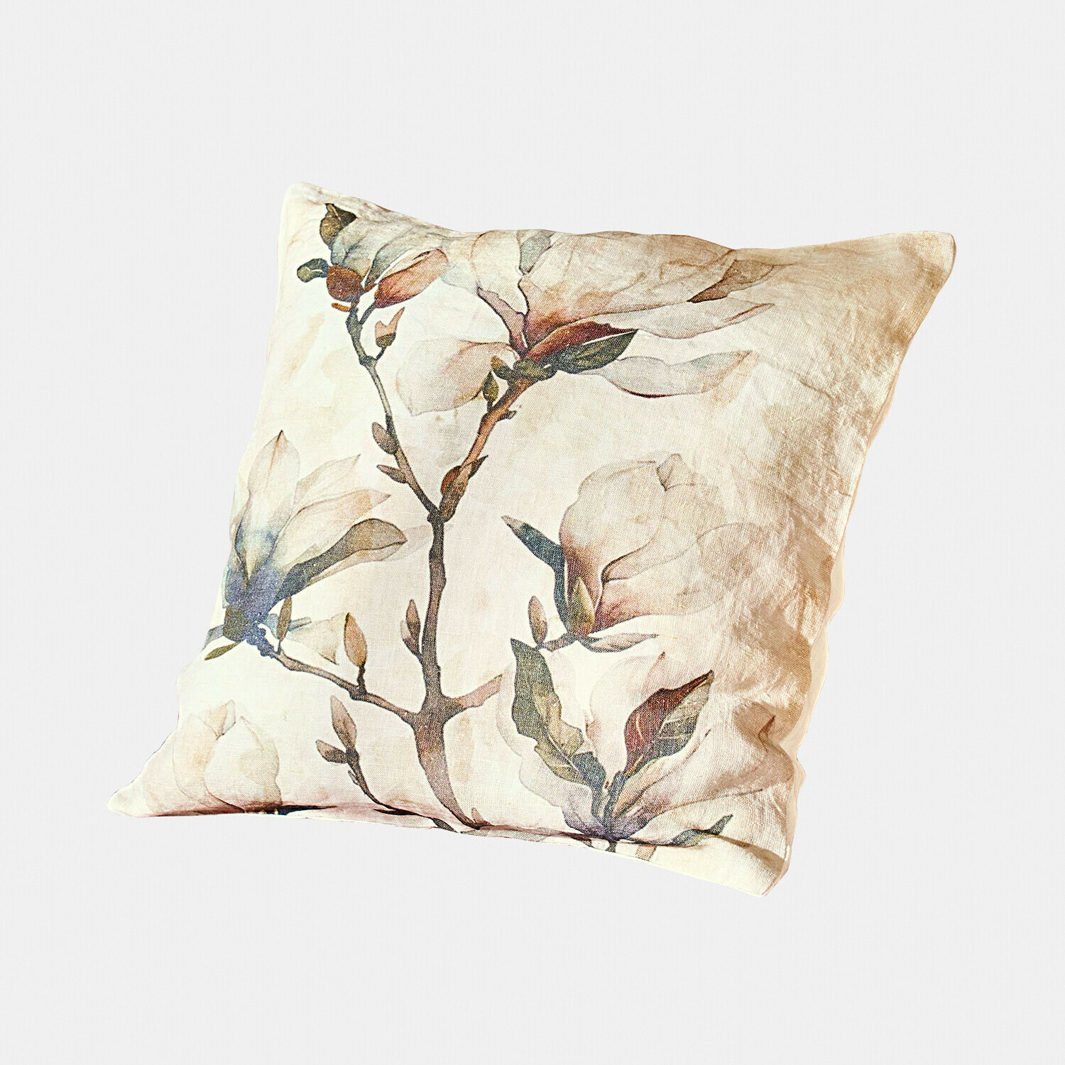 Beige linnen kussen met magnolia bloemenprint, decoratief en zacht voor de woonkamer