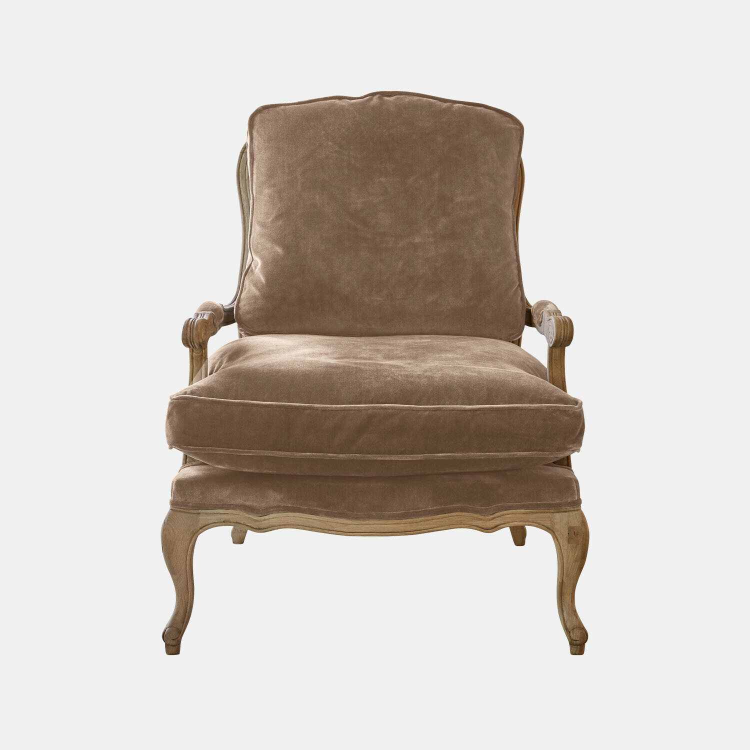 taupe/bruin Fauteuil Corlay met taupekleurige zachte bekleding en houten frame in vintage stijl