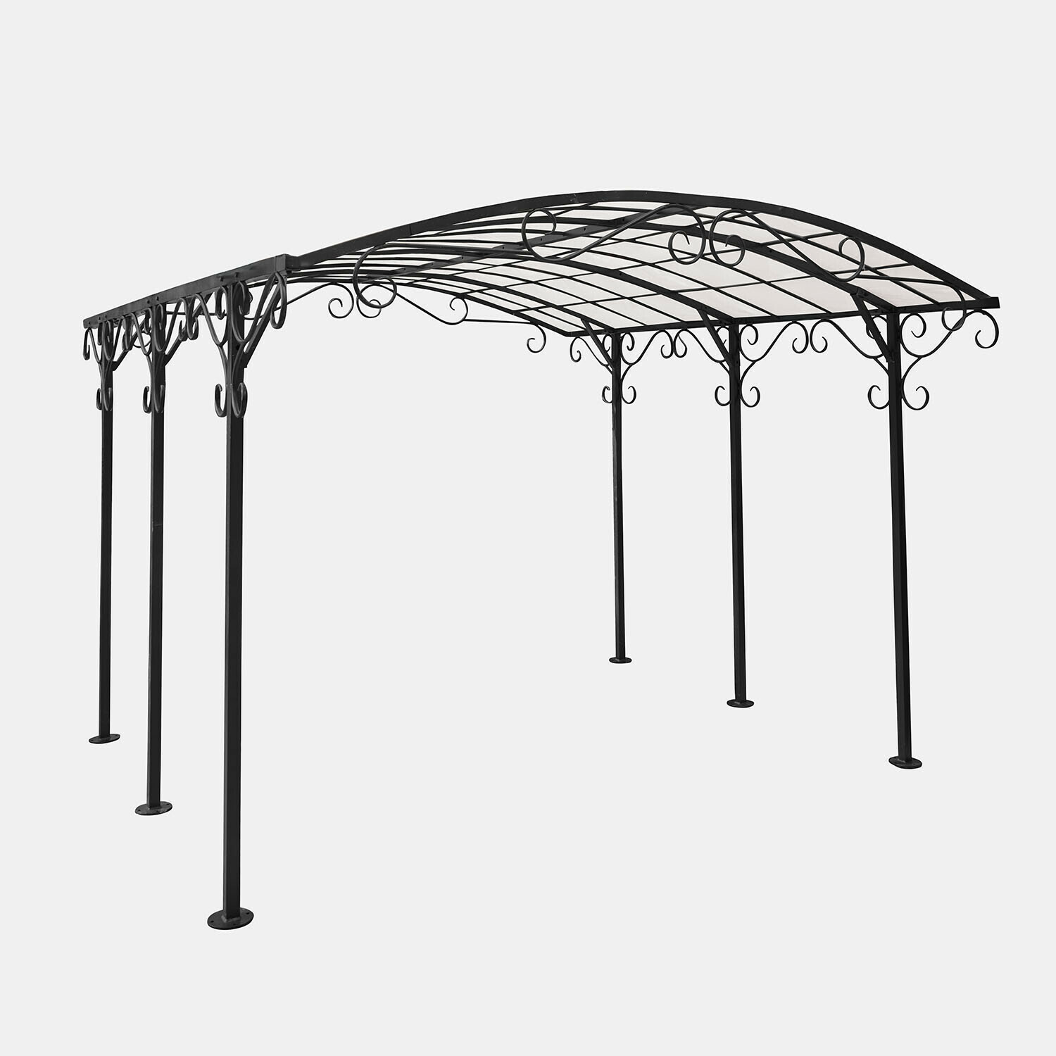 Pergola Delbridge Zwarte metalen tuinprieel met sierlijke krullen en gebogen dak, geschikt voor terras of tuin