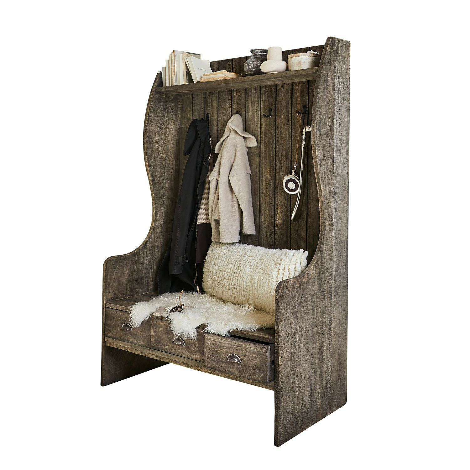 Garderobekast New Windsor Donkere houten bank met haken en plank, praktisch meubel voor hal met lades