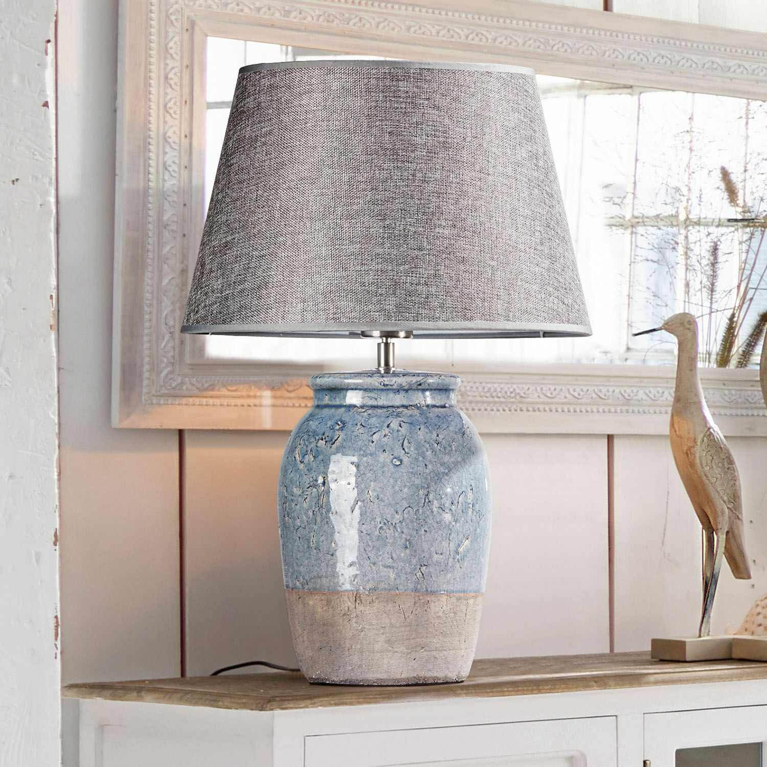 Tafellamp Manly Tafellamp van keramiek in blauw-beige met grijze kap, stijlvolle interieurverlichting