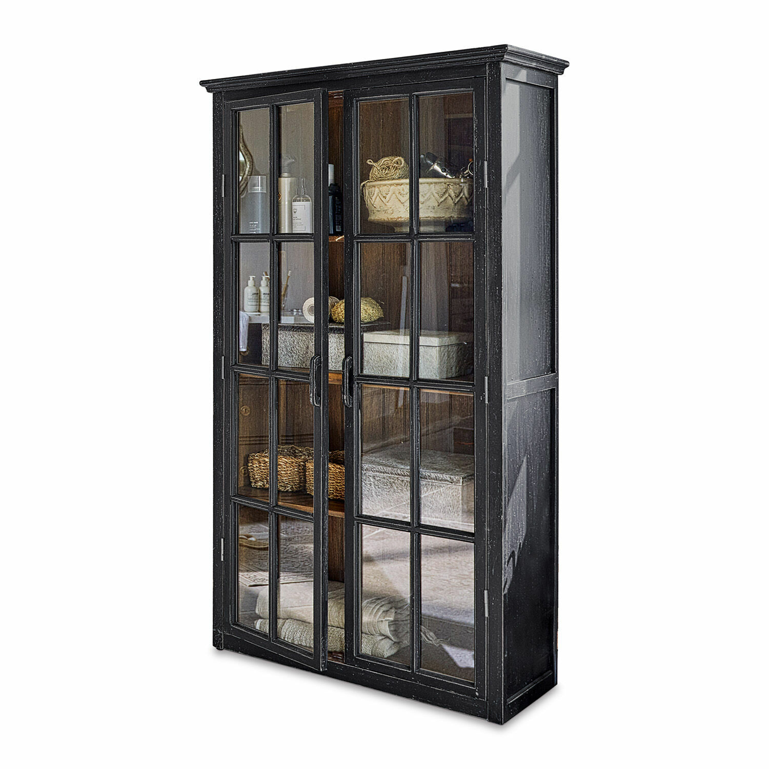 antiekzwart Zwarte houten kast Keanu met glazen deuren voor stijlvolle opslag en decoratie