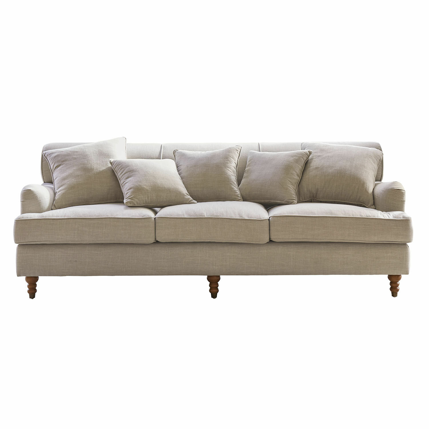 Bank Isa Beige stoffen bank met kussens en houten poten, comfortabele woonkamermeubel