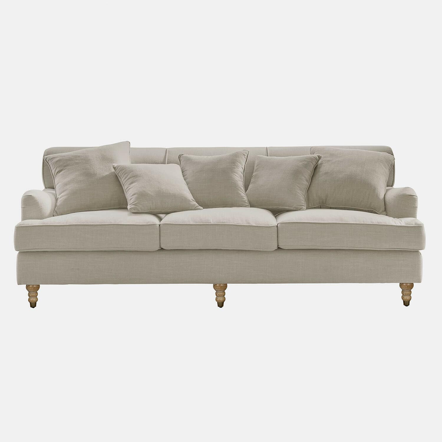 Bank Isa Beige stoffen bank met kussens en houten poten, comfortabele woonkamermeubel