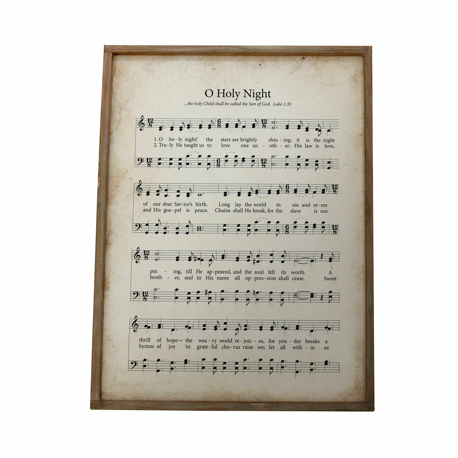 Afbeelding Holy Night Schilderij met bladmuziek en tekst van O Holy Night in houten lijst op witte achtergrond