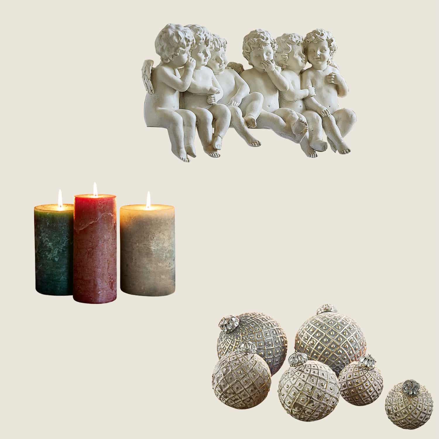 Witte keramische engeltjes, drie gekleurde kaarsen en decoratieve ballen met patroon