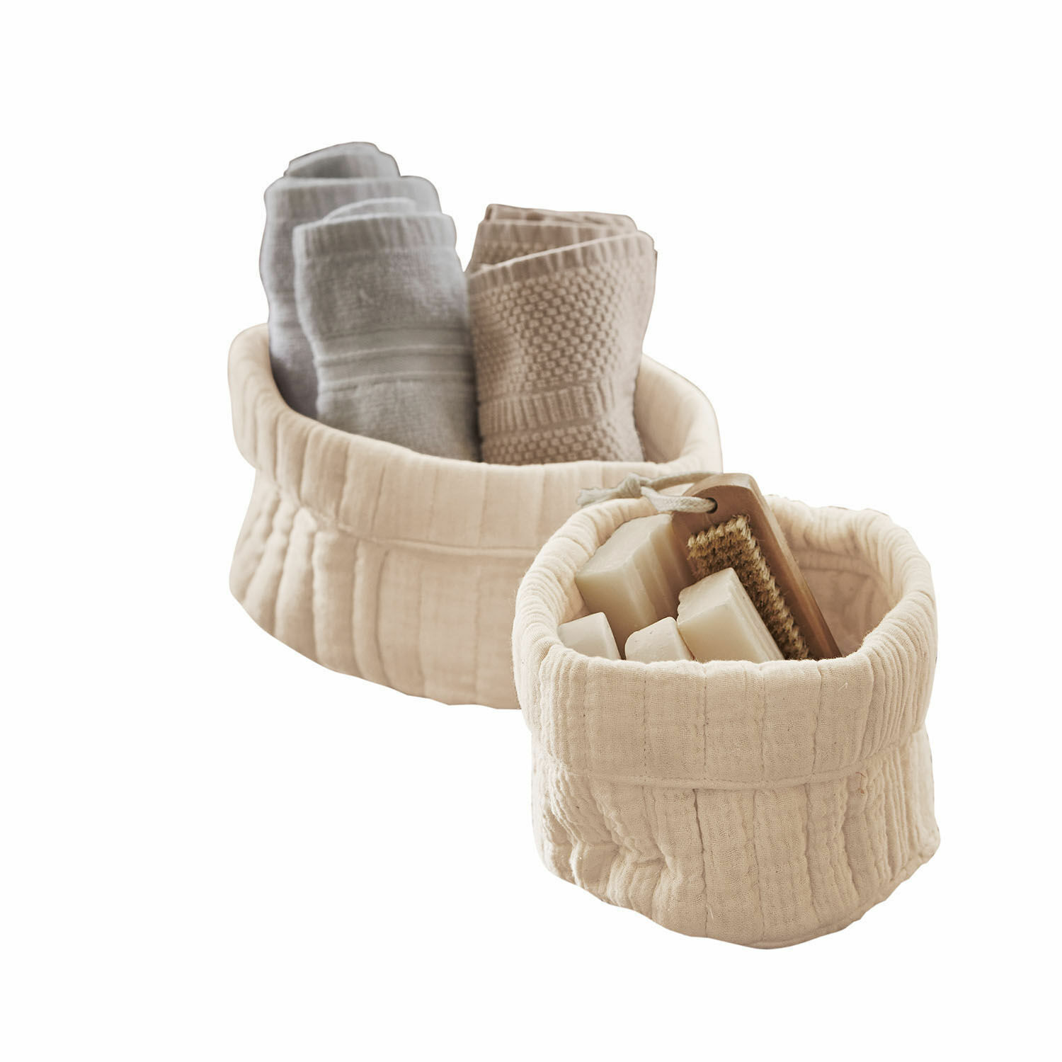 Mand set van 2 Huillé Beige katoenen manden met handdoeken en zeep voor badkameropslag