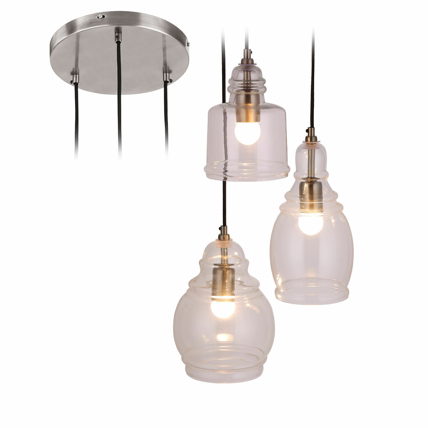 Hanglamp Pont du Clair Moderne hanglamp met drie transparante glazen kappen en zilverkleurige metalen basis