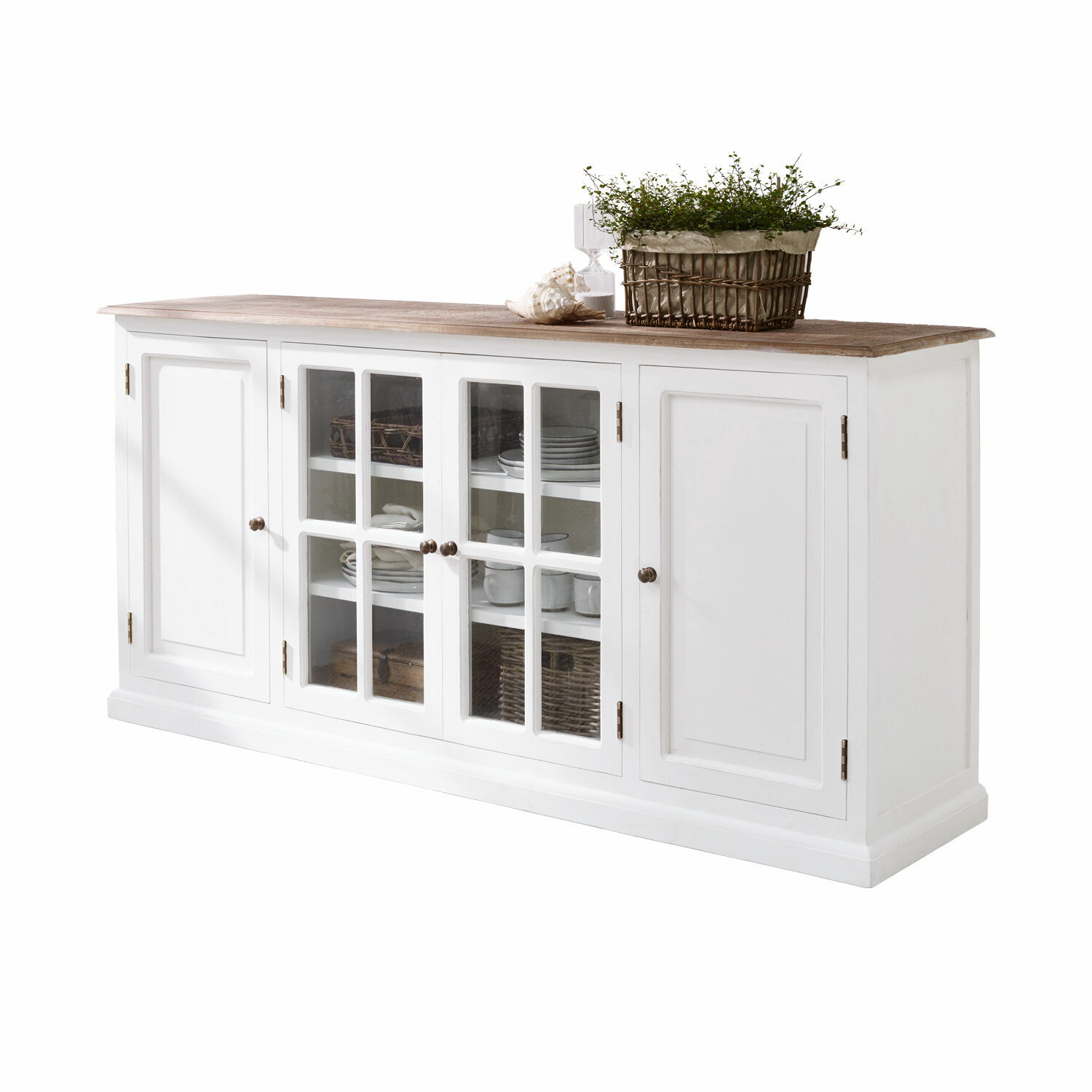 Buffetkast Kostan Witte houten dressoir met glazen deuren en naturel houten blad, stijlvolle woonkamermeubel