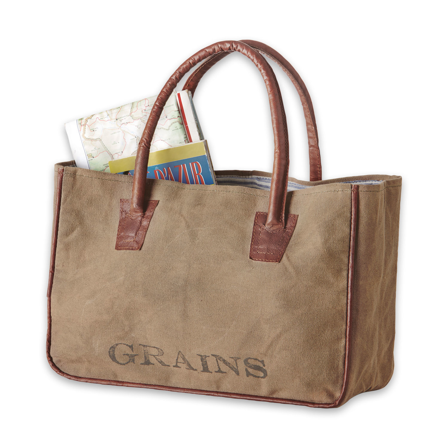 Tas Grains Beige stoffen tas met bruine leren handvatten en tekst GRAINS, geschikt voor boodschappen