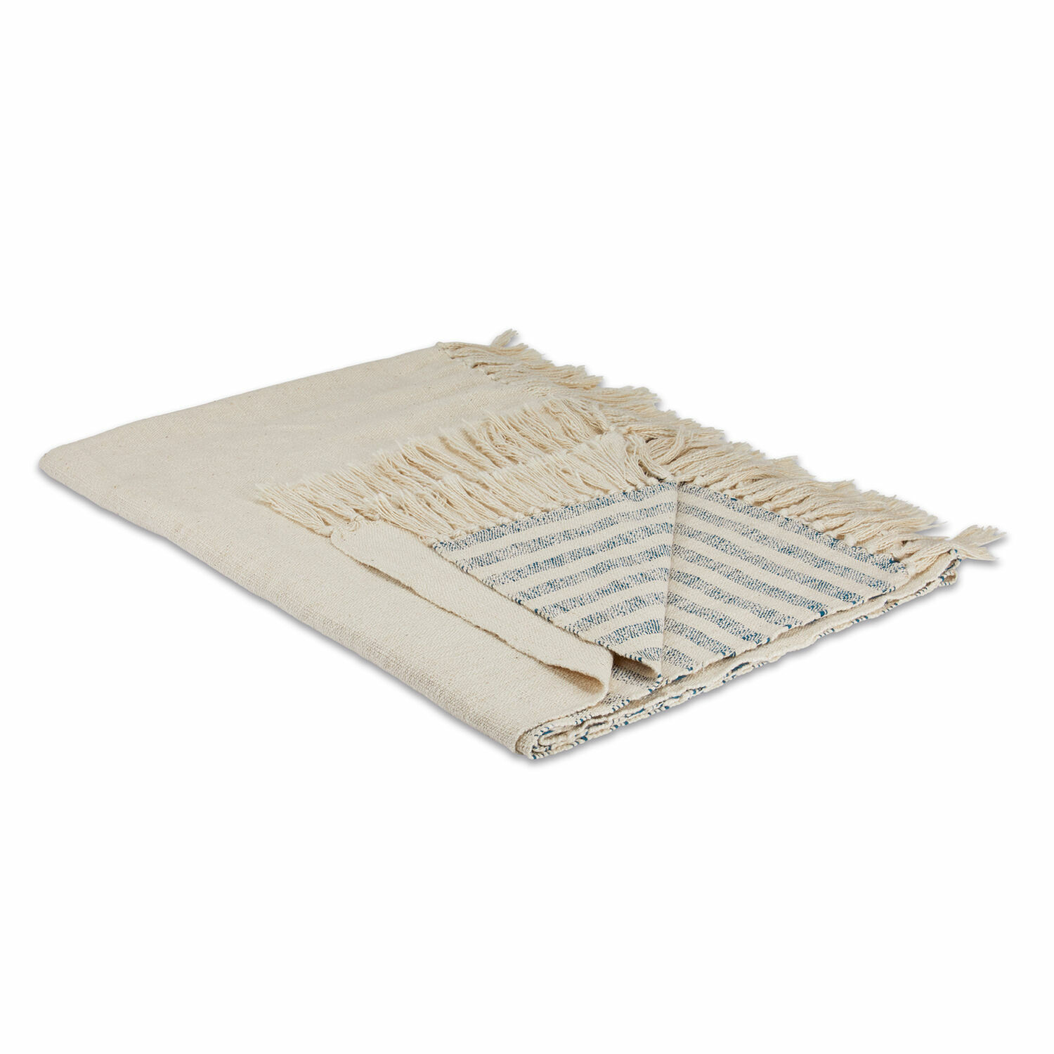 crème/blauw Crème-blauwe katoenen plaid met franjes, zacht en decoratief, perfect voor de woonkamer