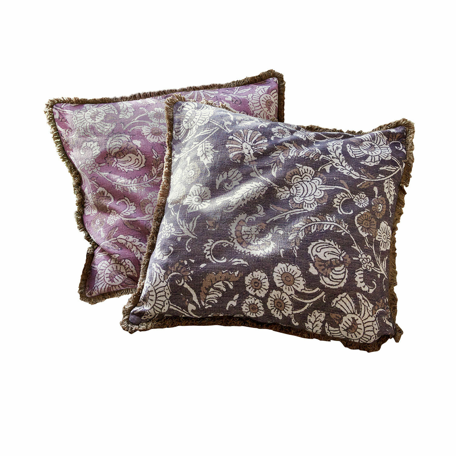 Kussenhoes set van 2 Lalluga Set van twee decoratieve kussens met bloemmotief en bruine rand in paars en grijs