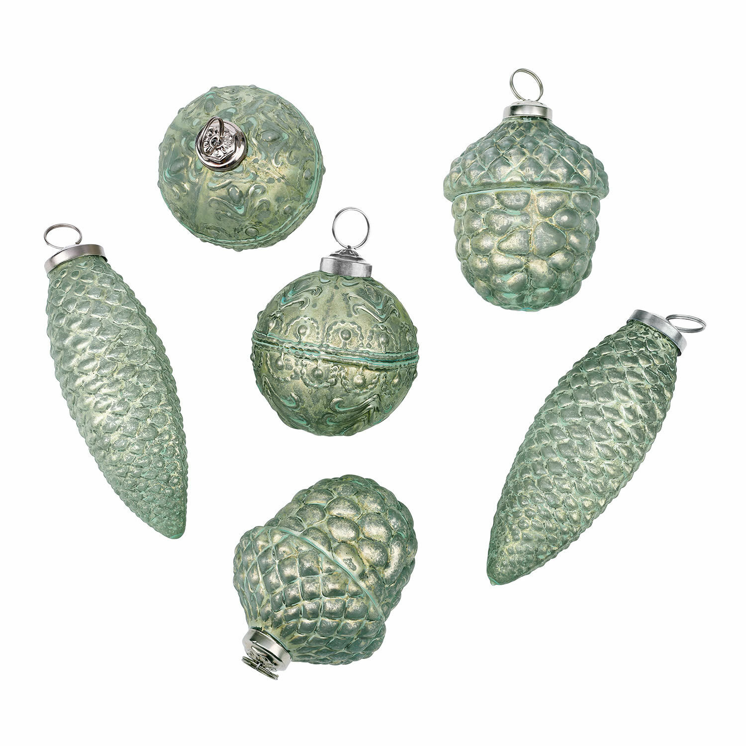 Set van 6 groene en zilveren kerstversieringen van glas met dennenappelmotief