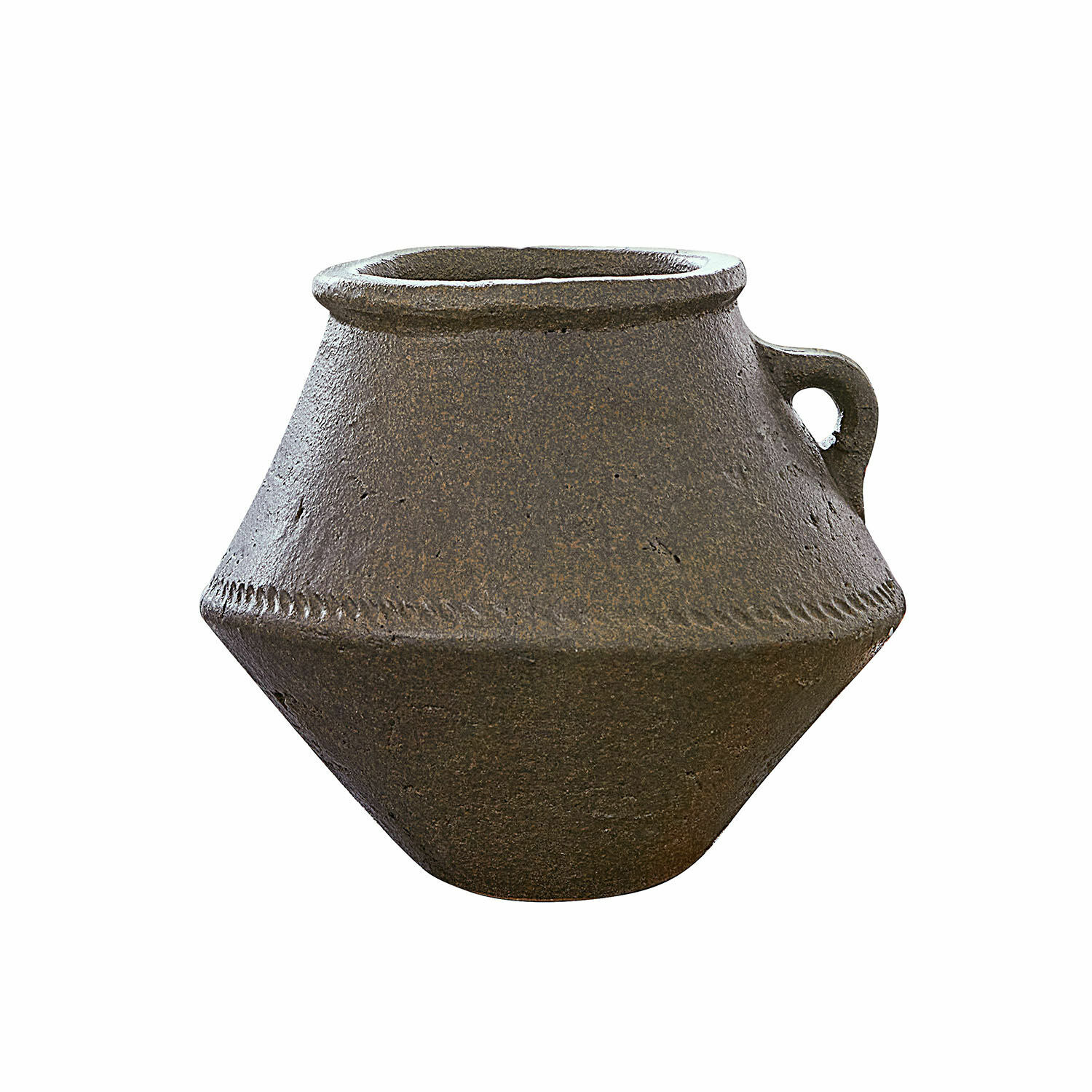Bruine keramische vaas met handvat en geometrische vorm voor interieurdecoratie