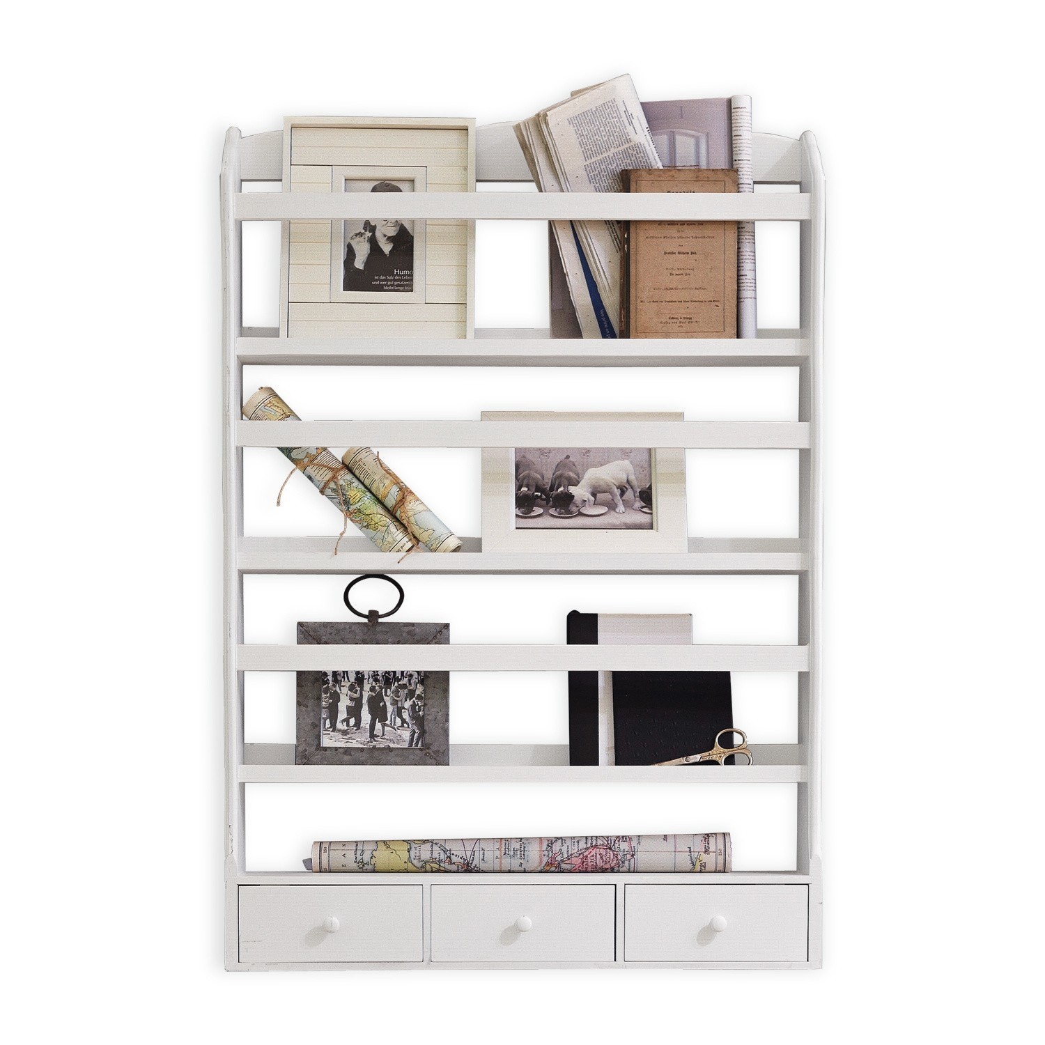 Wandrek Carbondale Witte houten wandplank met planken en drie lades voor het opbergen van decoraties en documenten