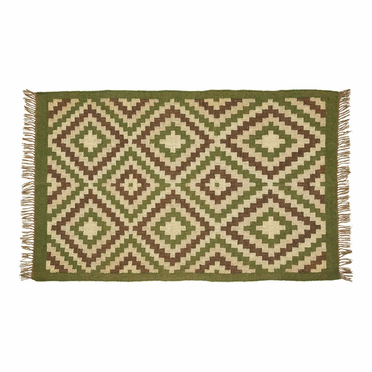 Dailies vloerkleed met groen, beige en bruin geometrisch patroon, geweven materiaal, interieurdecoratie