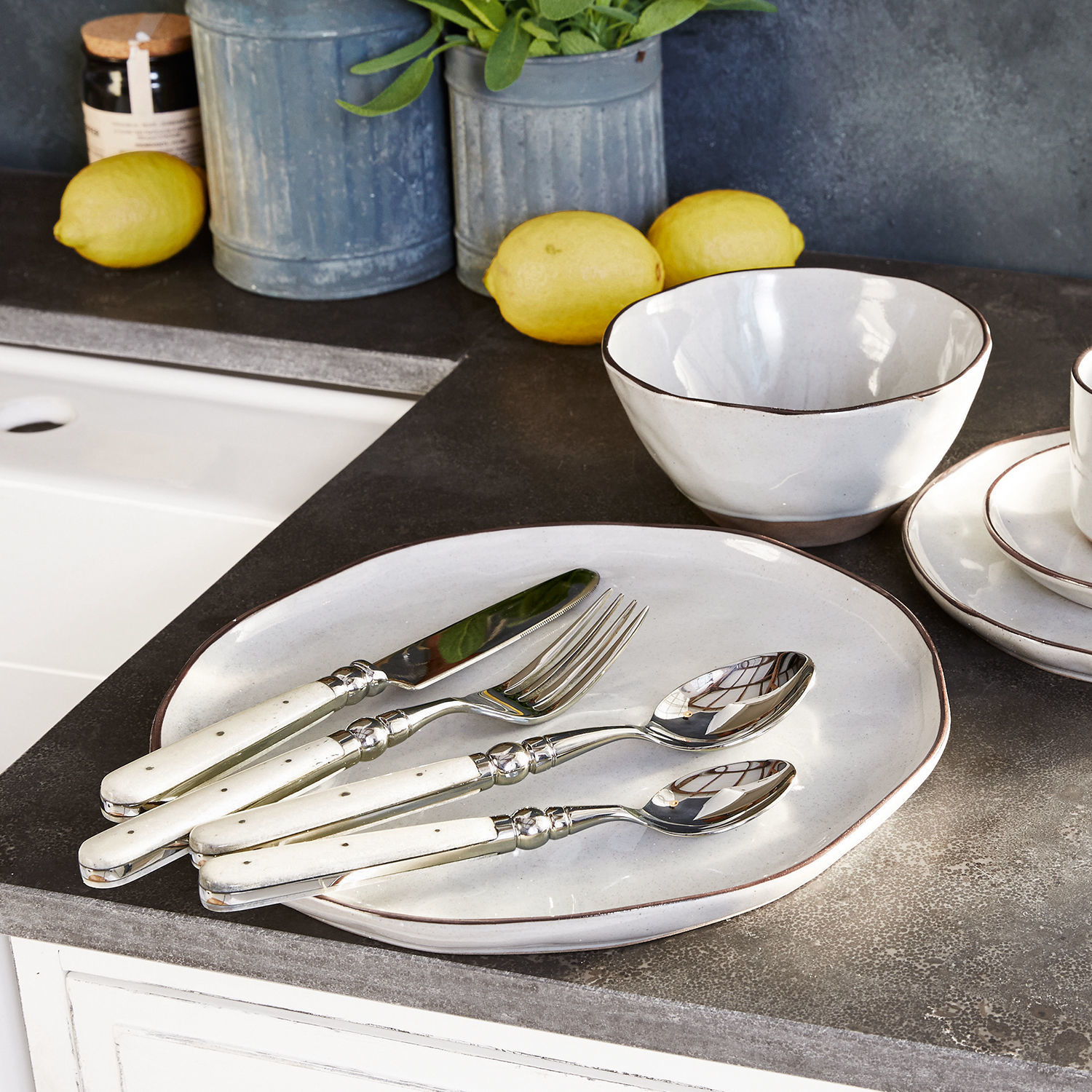 Bestekset met witte handvatten op keramische bord en kom op aanrecht met citroenen
