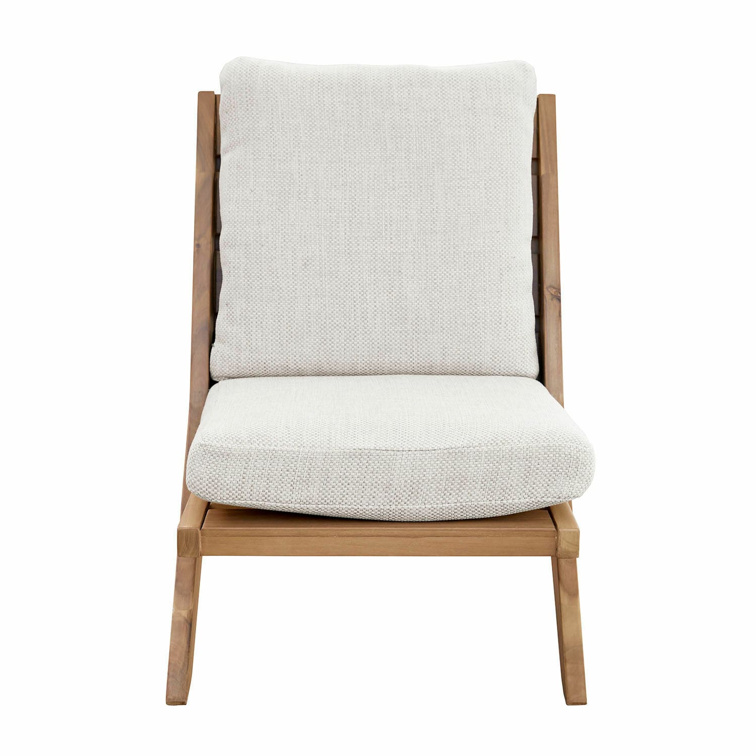 Bruine houten Montivaux loungestoel met beige kussens, comfortabele stoel voor woonkamer