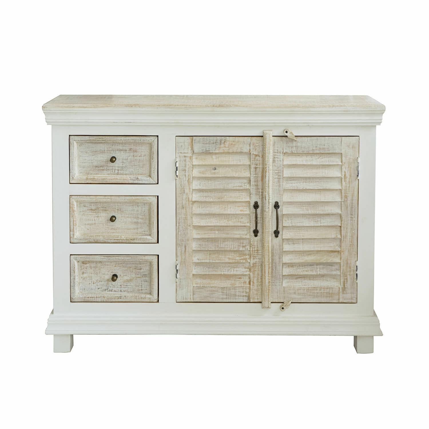 Ladekast Nevellique Witte houten dressoir met verouderde look, drie lades en kast met dubbele deuren