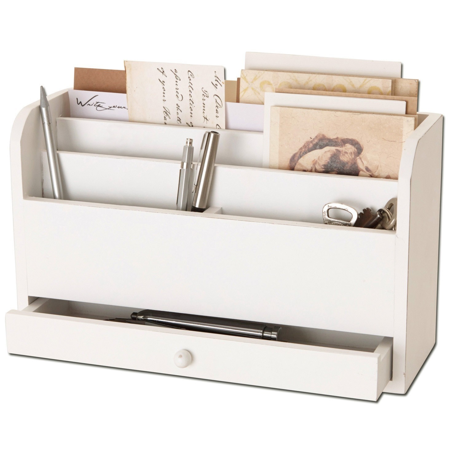 Tafelsecretaire Kaspian Witte houten bureau-organizer met vakken voor brieven, pennen en sleutels, praktisch voor thuis en kantoor
