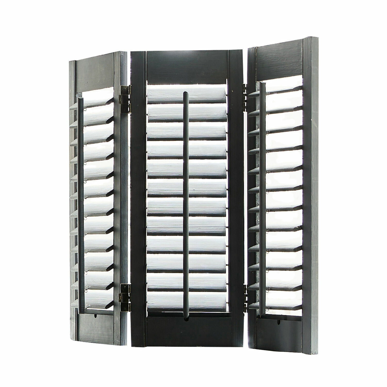 Zwart houten jaloezie met drie panelen en verstelbare lamellen voor raamdecoratie